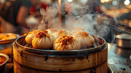 Pork Belly Bao In a bamboo steamer, set against a background of a modern Chinese street food market...