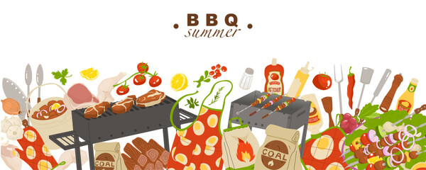 Bright wallpaper with a set of barbecue items. Empty space for text. Elements for modern packaging design or advertising for summer meat party. Vector illustration isolated on transparent background.