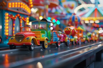 parade of colorful toy cars in an amusement park