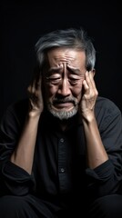 Charcoal background sad Asian man. Portrait of older mid-aged person beautiful bad mood expression boy Isolated on Background depression anxiety