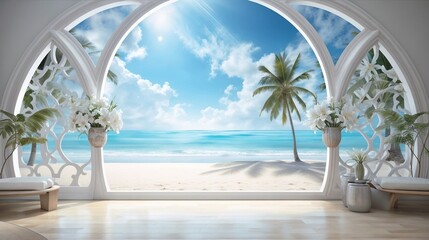 Panoramic view from a luxurious villa on the coast. Arched doorways decorated with flowers and palm trees.