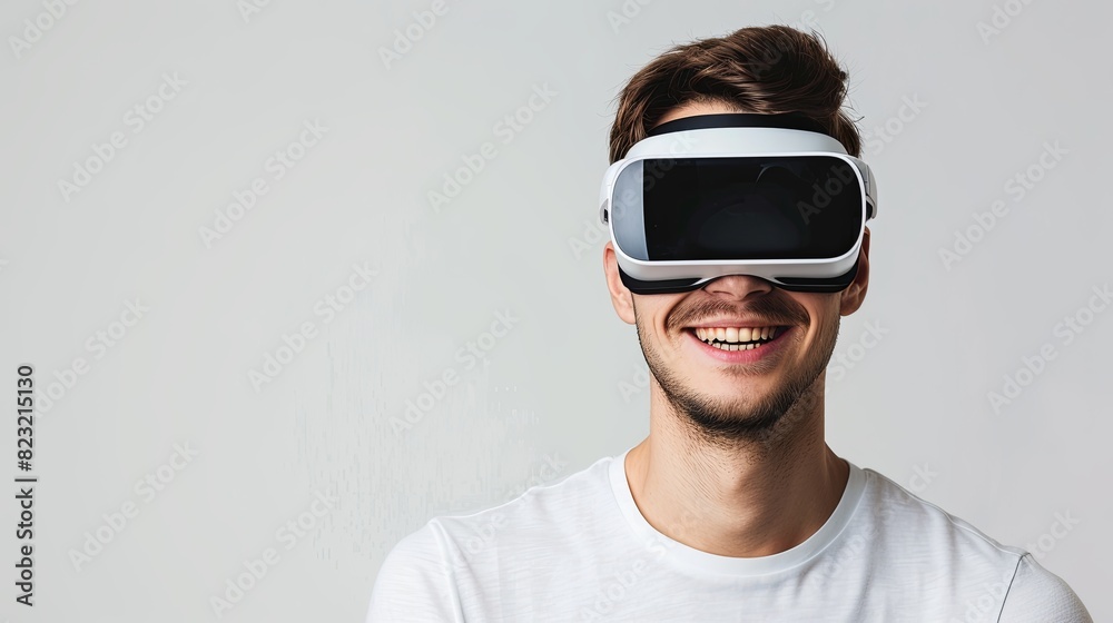 Poster a man wearing a virtual reality headset, smiling and immersed in a digital world, isolated on a whit