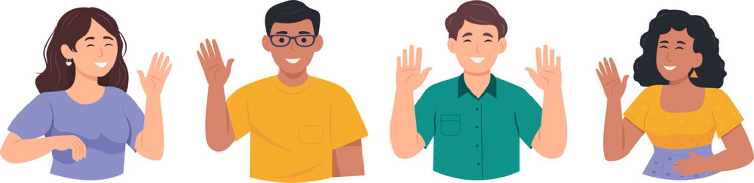 Friendly men and women saying hello and waving with hand. Hi or bye gesture. Happy people greeting and welcoming smb. Colored flat vector illustration isolated on white background