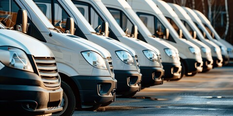Row of white delivery vans parked in a line, angled view at suns