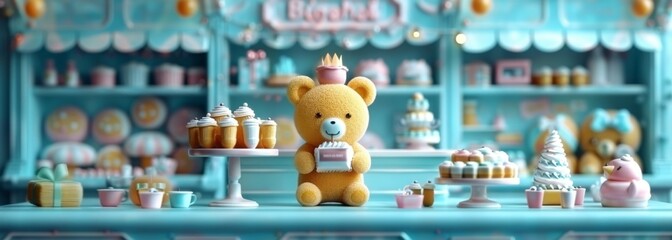 A miniature scene of the cute bear with bread shop, featuring a table filled with various types of pastries and cakes, along with an open oven for baking fresh cookies
