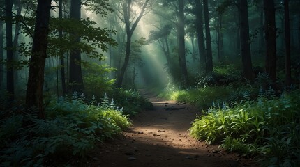 Fantasy Forest with sunlight ai generated