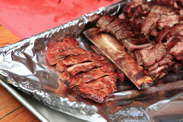 View of the sliced barbecue on the. tray