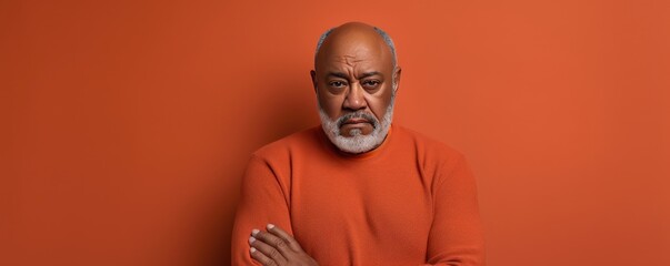 Coral background sad black American independent powerful man. Portrait of older mid-aged person beautiful bad mood expression isolated on background racism skin color 