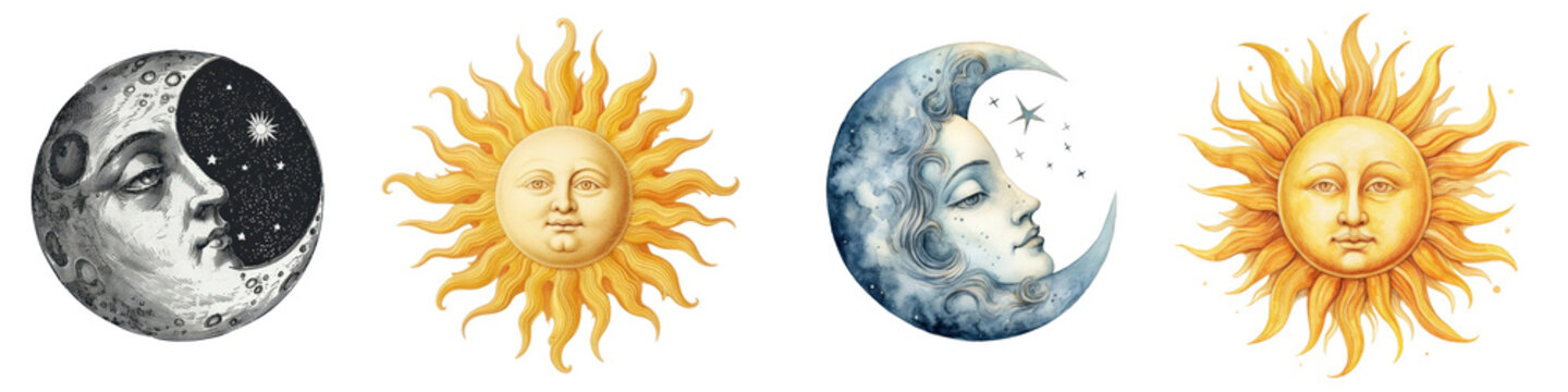 Vintage sun & moon illustration png element set on transparent background