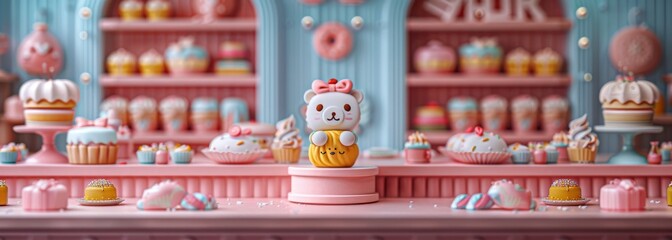 Naklejka premium A miniature scene of the cute bear with bread shop, featuring a table filled with various types of pastries and cakes, along with an open oven for baking fresh cookies