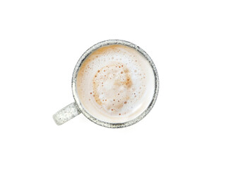 Top view, flat lay grey color coffee mug has cappuccino or latte with frothy foam isolated on a white background..