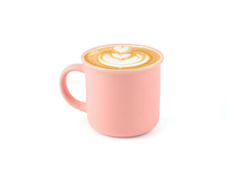 Hot latte coffee with art heart shape in pink ceramic mug isolated on whithe background. space for...