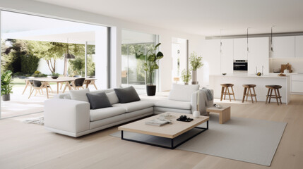 Fototapeta premium Open space luxury modern living room with kitchen and white furniture