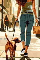 Illustration of a woman walking her dog in a chic urban neighborhood, holding a coffee cup in one hand