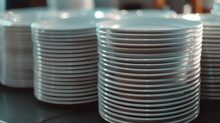 Closeup clean plates stack on a table ready for use