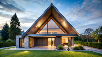 Front View of Modern House with Triangular Roof: Architectural Elegance. Perfect for: Architecture Week, Home Design Expos, Real Estate Open Houses, Real estate listings.