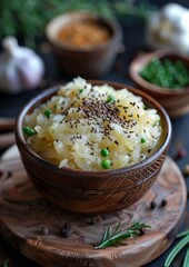 Sauerkraut - Fermented cabbage served in a rustic bowl with caraway seeds. 