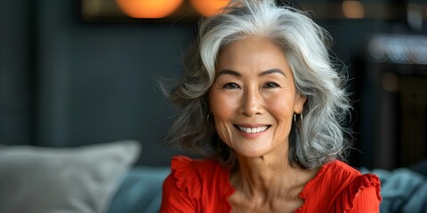 Happy Asian senior woman with radiant smile ready for captivating advertisements and web designs. Concept Advertising, Web design, Smiling, Senior woman, Asian