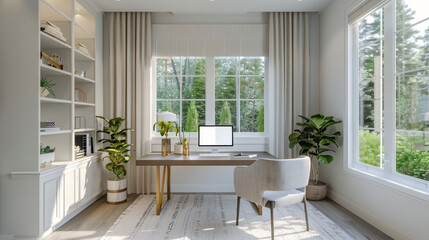 Modern Home Office With Desk, Chair, Plants, and Large Window