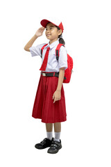 Portrait of an Asian elementary school student girl in uniform with a backpack and respectful gesture