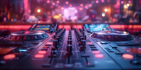 Closeup of DJ Equipment Silhouetted on a Stage in a Nightclub