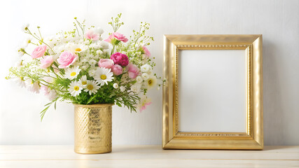 Gold Decorated Frame Mockup with Tender White and Pink Wildflowers in an Elegant Vase. Perfect for: Art Exhibition Openings, Home Decor Showcases, Floral Design Demonstrations.