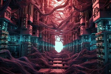 Cyberpunk-inspired server room teeming with tangled, glowing cables and advanced technology