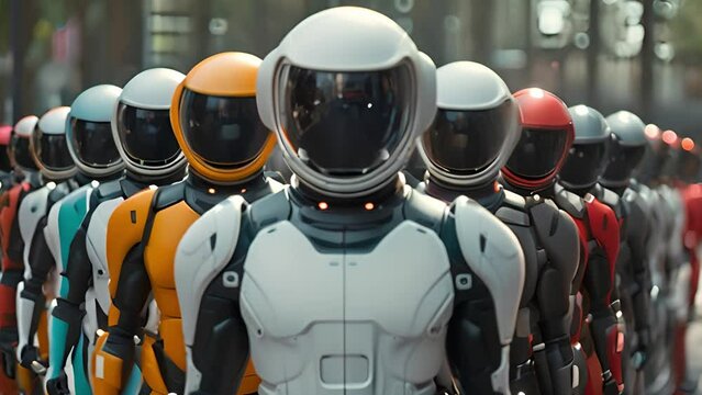 A row of robots standing in perfect alignment, showcasing mechanical precision and uniformity in their formation.