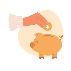 Hand put a gold coin in a gold piggy bank. Saving money concept. Flat vector illustration