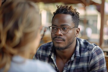 Man with glasses sitting at table alongside woman