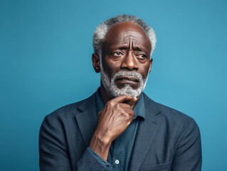 Cyan background sad black American independent powerful man. Portrait of older mid-aged person beautiful bad mood expression