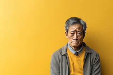 Gold background sad Asian man. Portrait of older mid-aged person beautiful bad mood expression boy Isolated on Background depression anxiety fear burn out health
