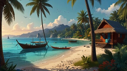 Fototapeta premium beach scene sea side with palm trees ai generated