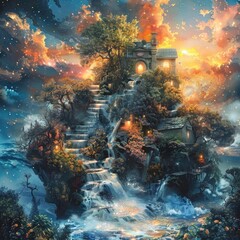 A magical fantasy landscape with a mystical castle, cascading waterfall, and vibrant colors in a dreamy setting.