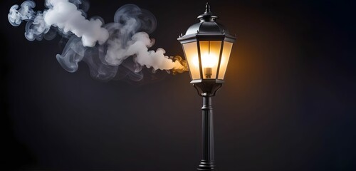 Street lamp on isolated dark background, artificial smoke