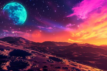 Surreal lunar landscape with a vibrant, colorful sky and a glowing blue moon, enhancing an ethereal, dreamlike atmosphere.