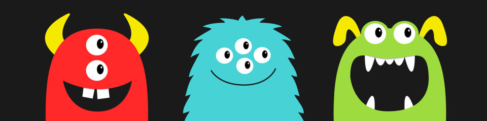 Happy Halloween. Three monster set line. Kawaii cute cartoon funny baby character. Colorful silhouette. Eyes, teeth fang tongue, horns. Sticker banner print. Flat design. Black background. Vector