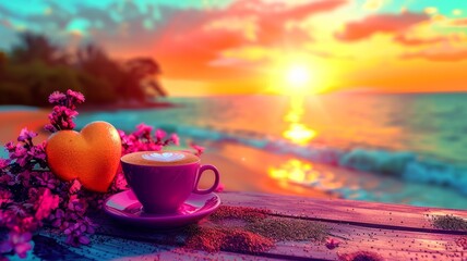 Vibrant sunset over a serene beach with a cup of coffee and heart-shaped fruit on a wooden table, creating a peaceful and romantic atmosphere.