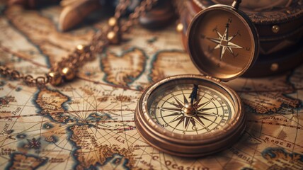 Vintage compass on an old world map symbolizing exploration, adventure, and navigation. Perfect for...