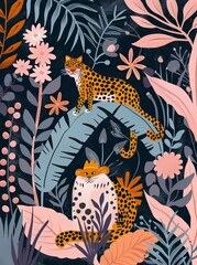 illustration of leopards in the jungle in children book style