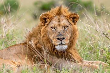 a lion looking directly to camera in african grassland