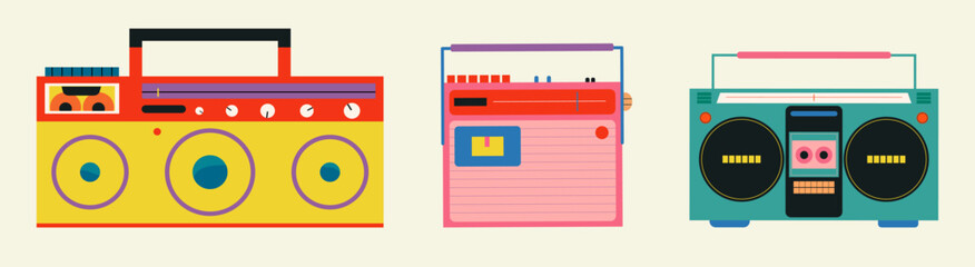 Retro cassette tape recorder in fashionable style. Colorful vector illustration.