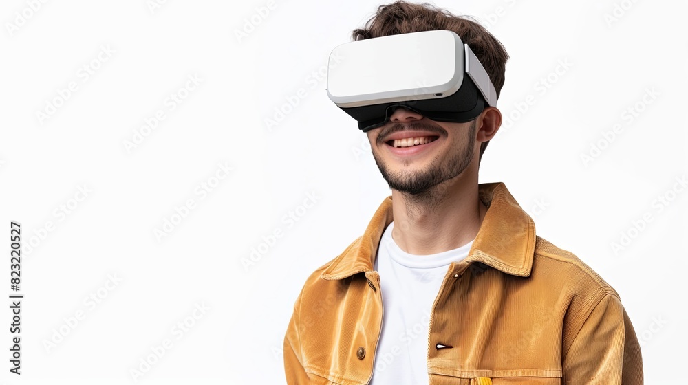 Poster a man joyfully explores virtual reality through his headset on a white background. generative ai