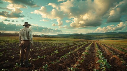 Fototapeta premium farmer farming in the field at sunset