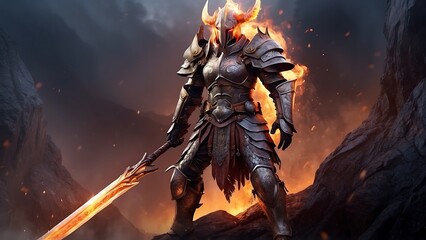 Fototapeta premium General, an iron-armored warrior with the power of fire. in fantasy stories