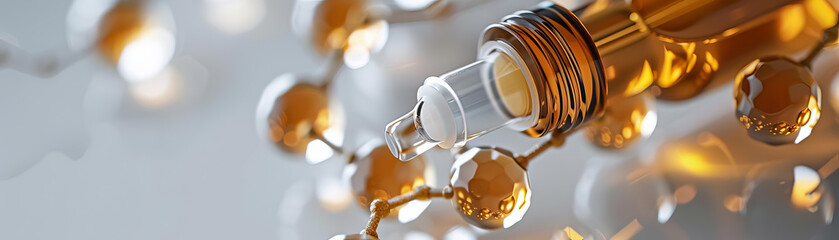 Close-up of oil or serum pouring from a bottle onto a pile of clear beads or capsules.