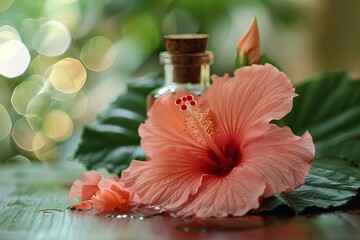 Pink flower on table by perfume bottle