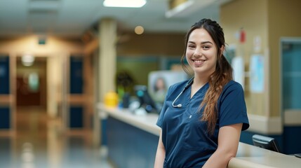 a young nurse in a hospital looking to camera with a smile
