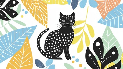 flat design illustration of a cute black cat in children style