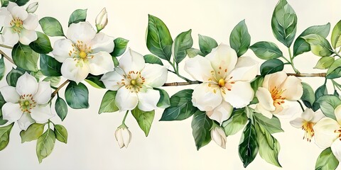 Watercolor painting of jasmine flowers in a botanical corner border design. Concept Botanical...